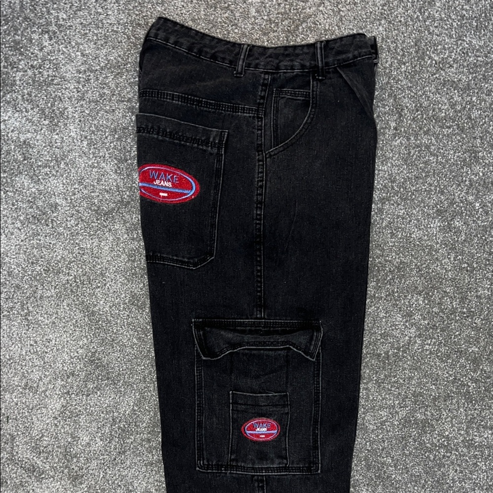 Unisex Black Cargo Wake Jeans Pants with Red Logo Patches - Picture 2 of 5